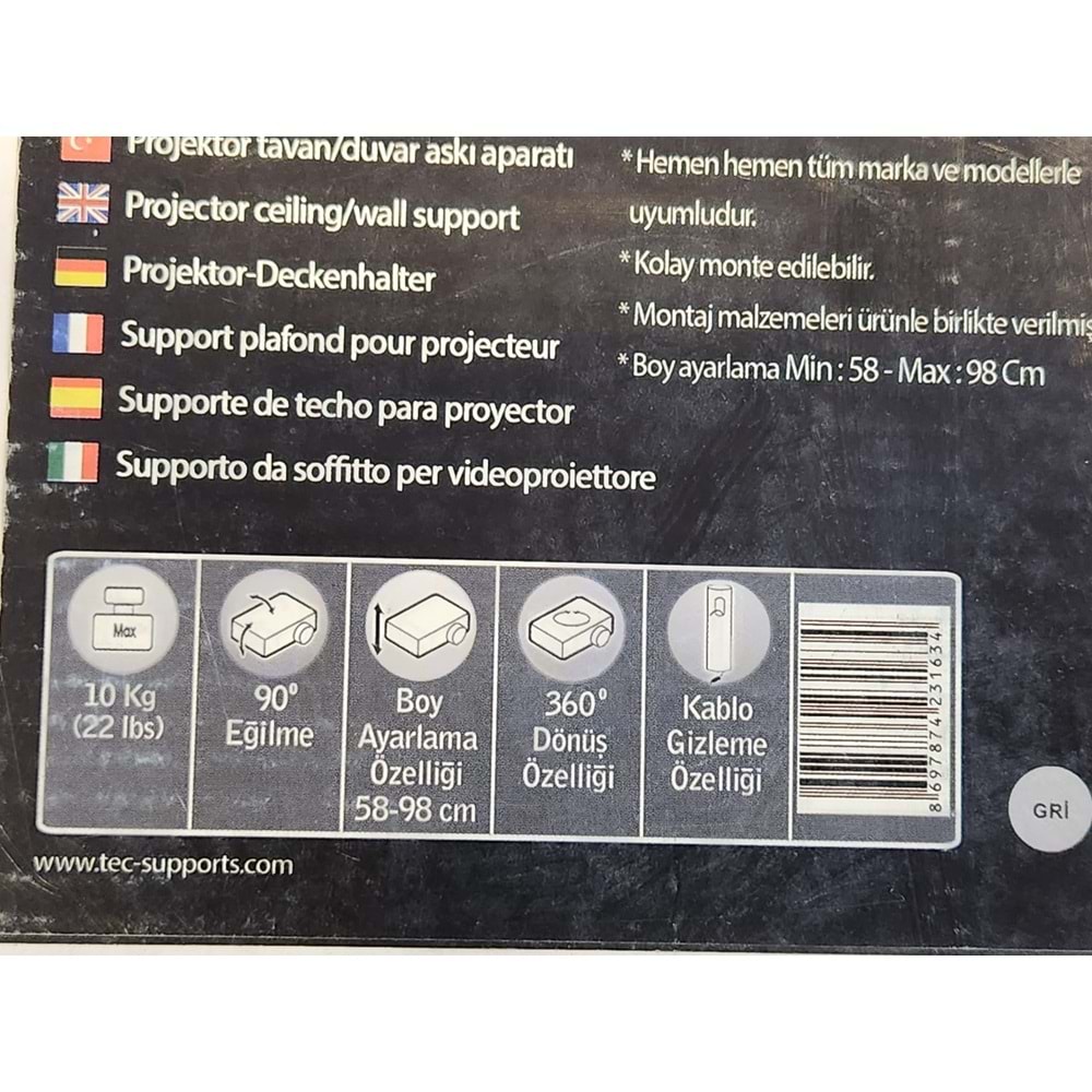 PROJEKTÖR TAVAN/DUVAR ASKI APARATI ASKI BOYU 58-98 cm