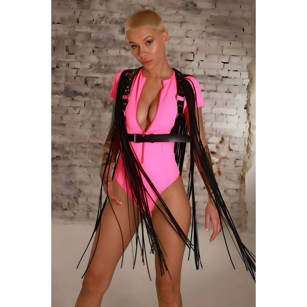 Omuzları Püskül Detaylı Suni Deri Ceket Kemer 2XL/3XL