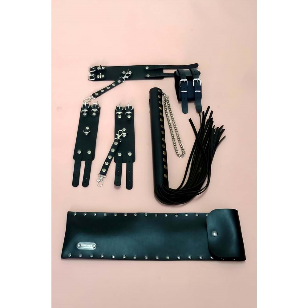 Kelepçe Kırbaç Takım 3'lü Set, El Ayak Kelepçesi, Kırbaç Suni Deri Siyah