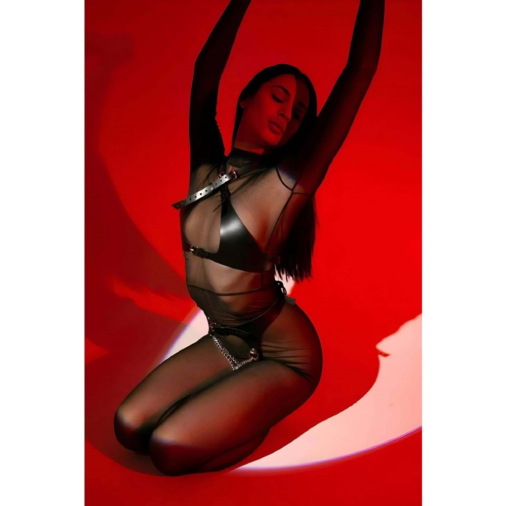 Fantazi Suni Deri Göğüs Kelepçe ve Bel Harness Takımı Siyah L/XL