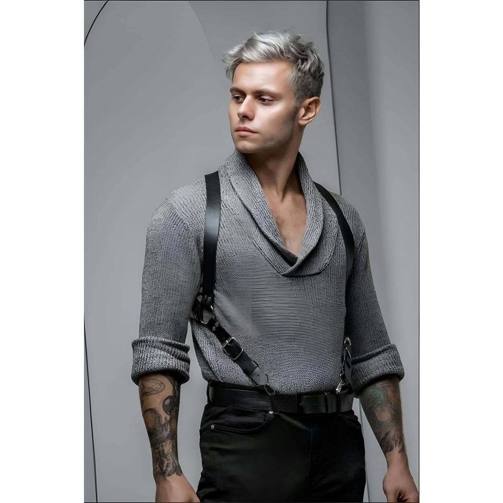 Erkek Sırt Detaylı Şık Suni Deri Kemer, Erkek Deri T-Shirt Gömlek Kemeri Siyah L/XL