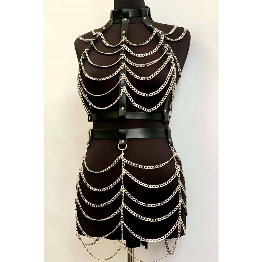 Zİncirli Crop Ve Etek Harness Alt Üst Takım L/XL