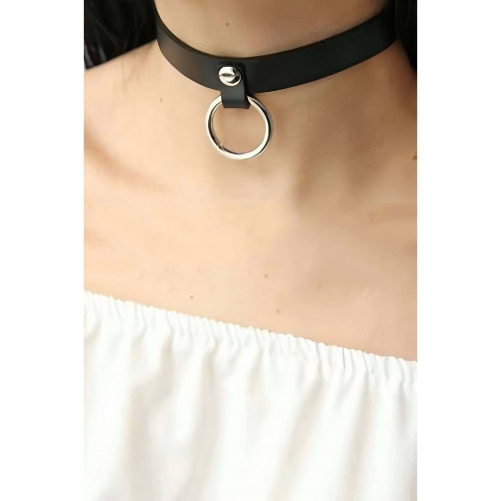 Halkalı Şık Deri Choker Tasma L/XL