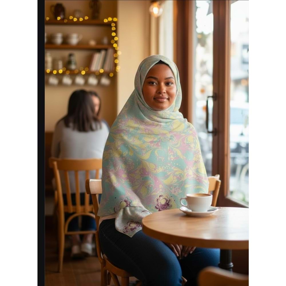 Turkuaz Üzerine Pembe Çiçek İşlemeli İpek Ebru Fular