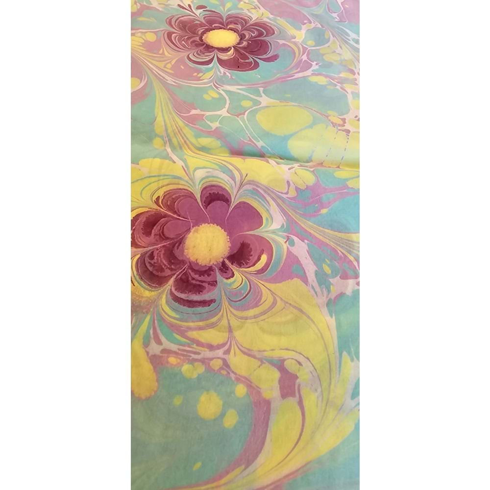 Turkuaz Üzerine Pembe Çiçek İşlemeli İpek Ebru Fular