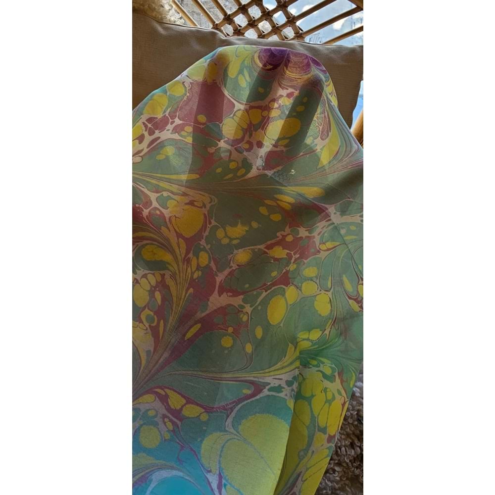 Turkuaz Üzerine Pembe Çiçek İşlemeli İpek Ebru Fular