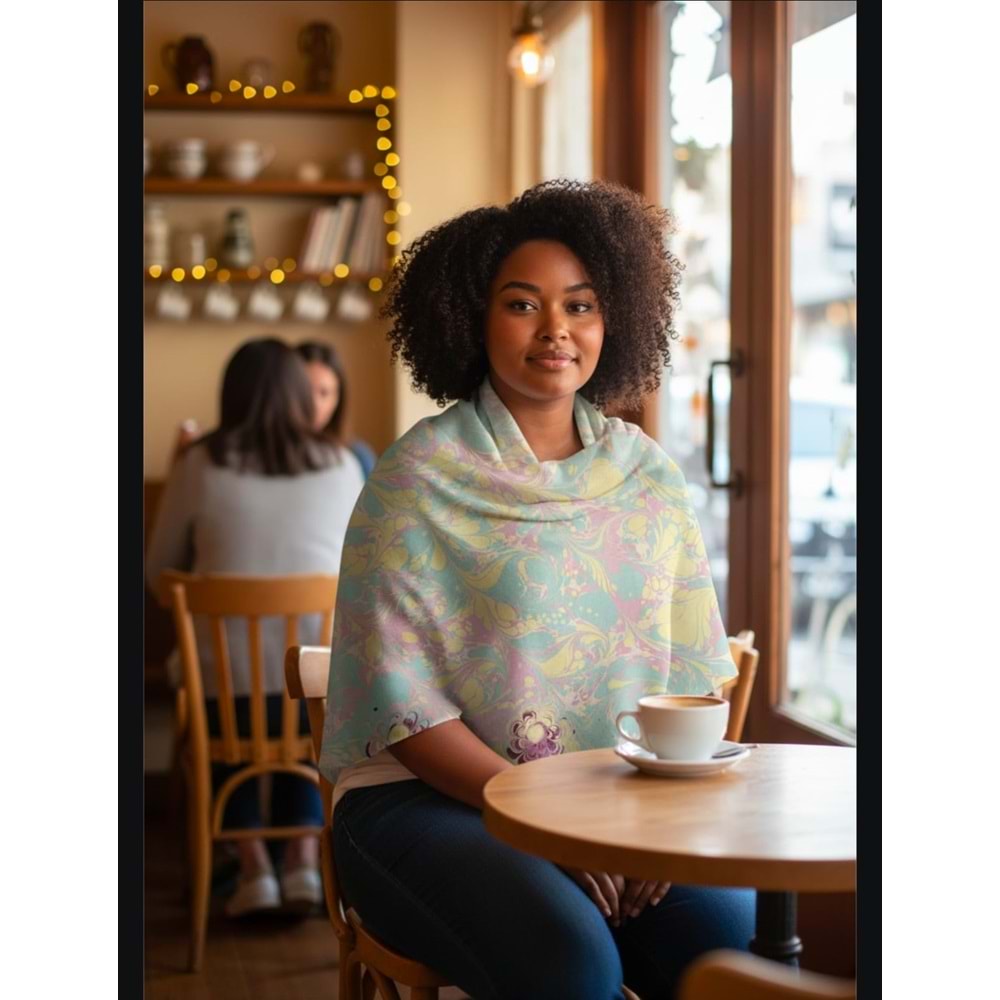 Turkuaz Üzerine Pembe Çiçek İşlemeli İpek Ebru Fular