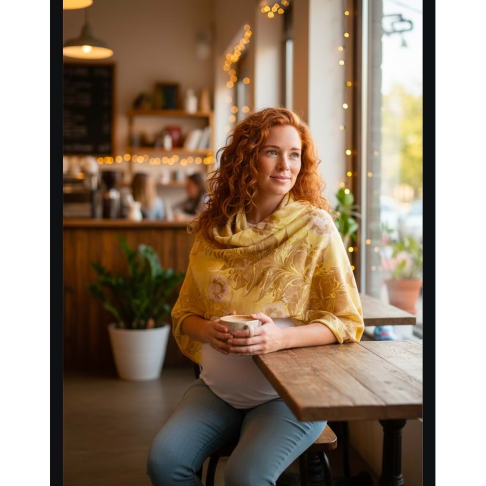 Sarı Üzerine Kahverengi Çiçekli İpek Ebru Fular Eşarp