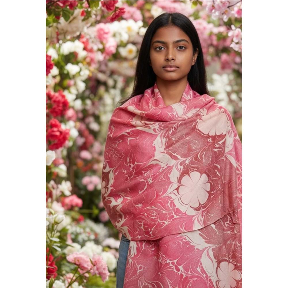 Pembe Üzeri Beyaz Çiçekli Ebru İpek Fular