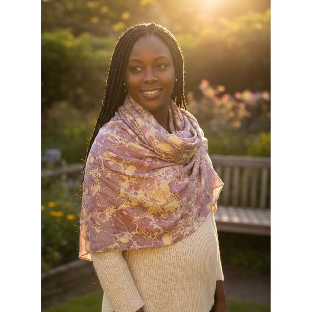 Mor Üzerine Krem Rengi Yıldız Çiçekleri Ebru İpek Eşarp Fular