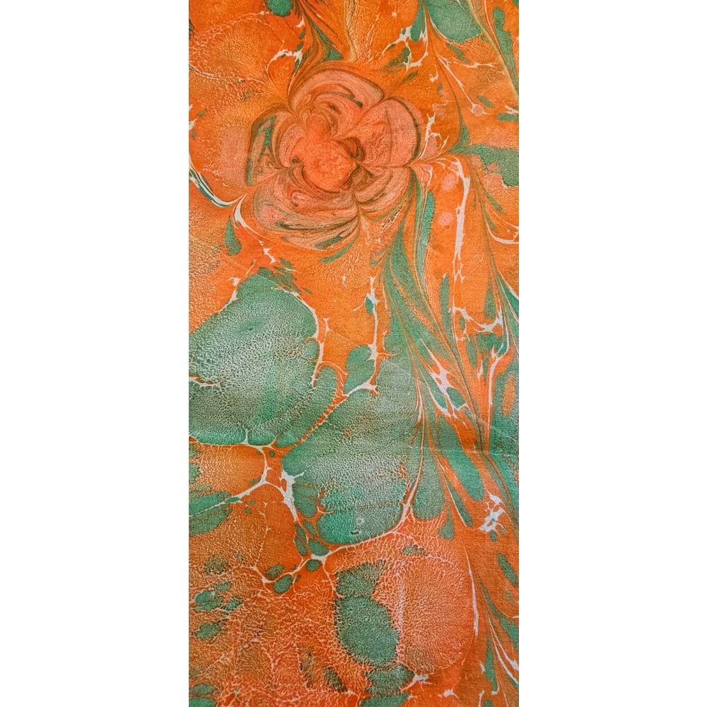 Yeşil üzerine Turuncu çiçekli İpek Ebru Fular