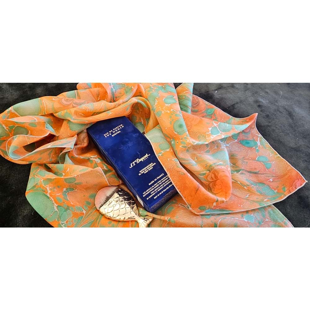 Yeşil üzerine Turuncu çiçekli İpek Ebru Fular