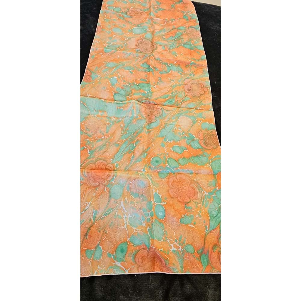 Yeşil üzerine Turuncu çiçekli İpek Ebru Fular