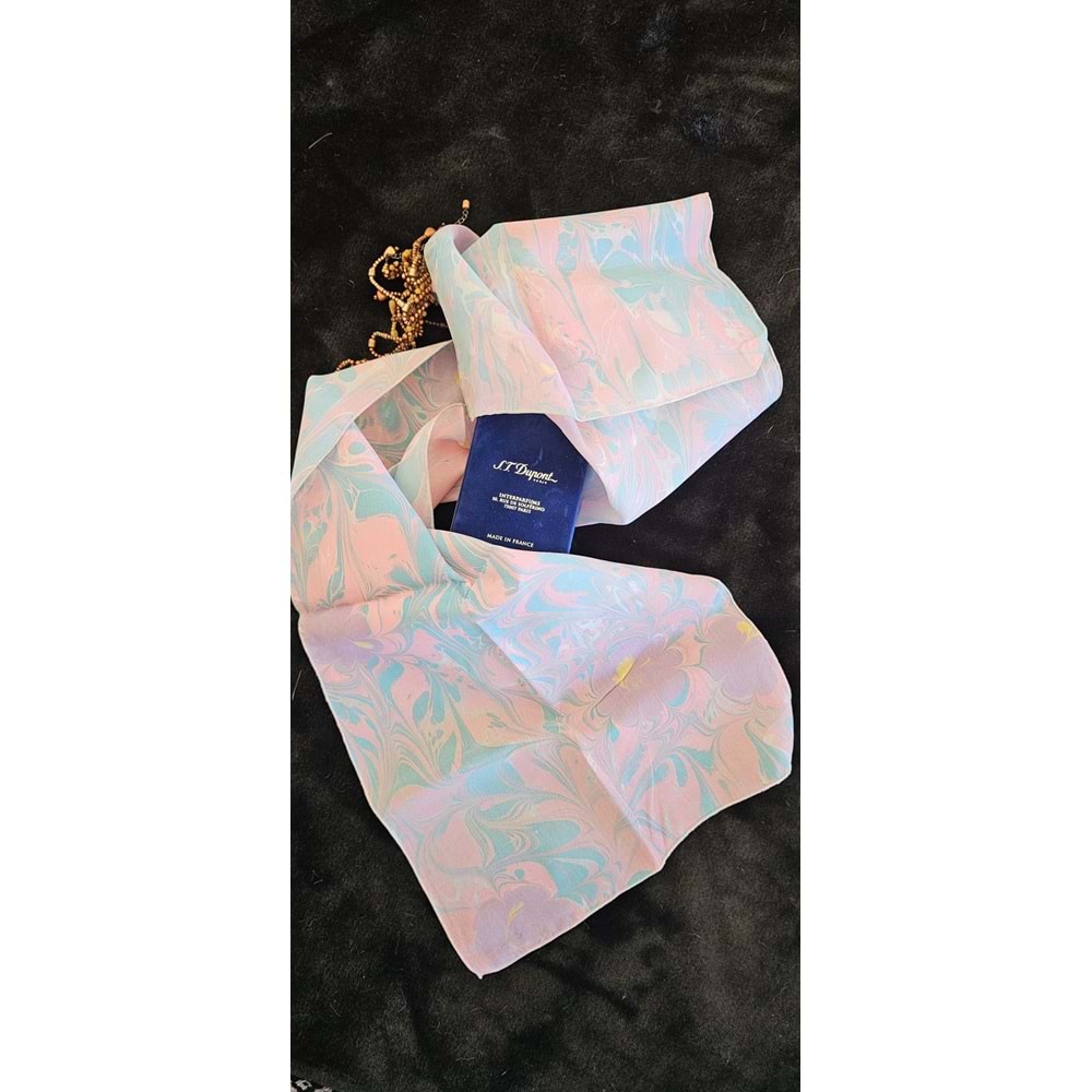 Pembe Turkuaz Renklerinde Ebru İpek Fular