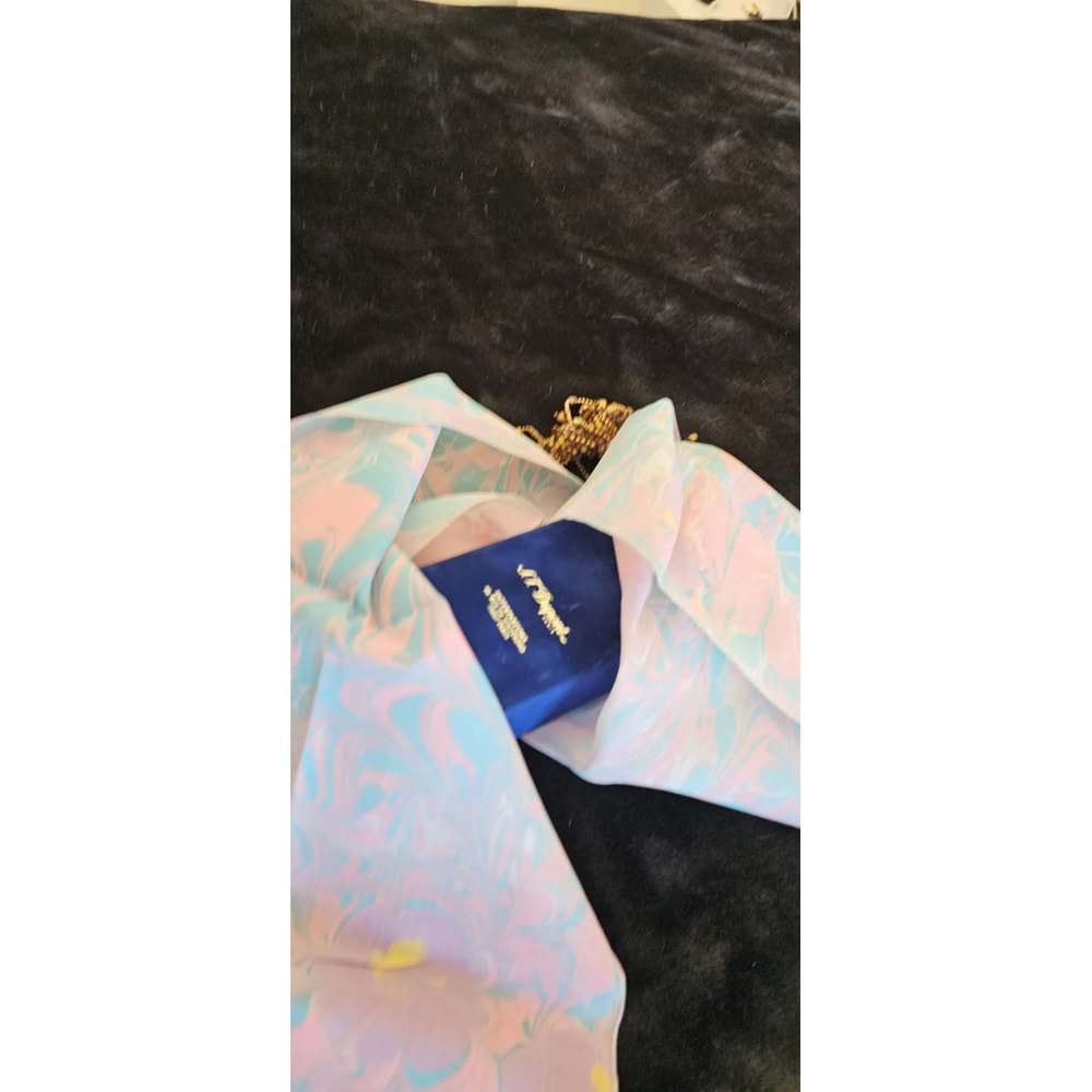 Pembe Turkuaz Renklerinde Ebru İpek Fular