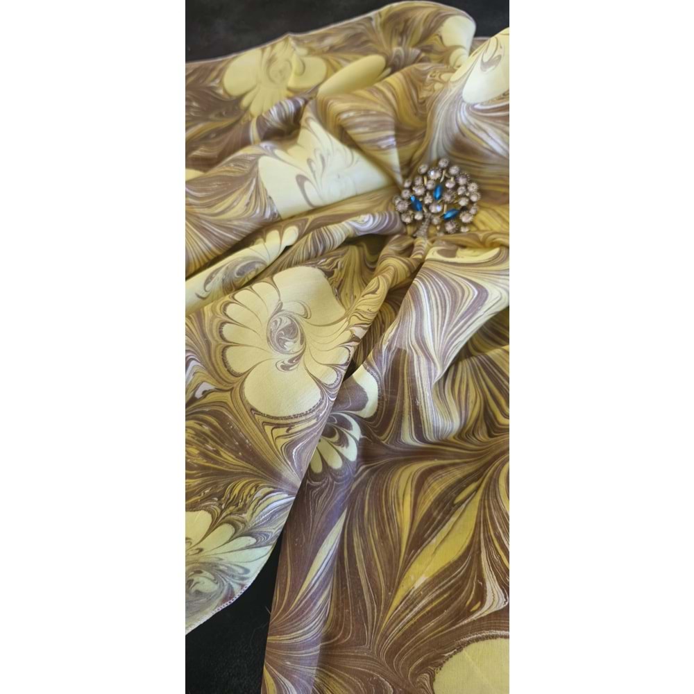 Kahverengi Üzerine Açık Yeşil Papatyalar Ebru İpek Fular Eşarp