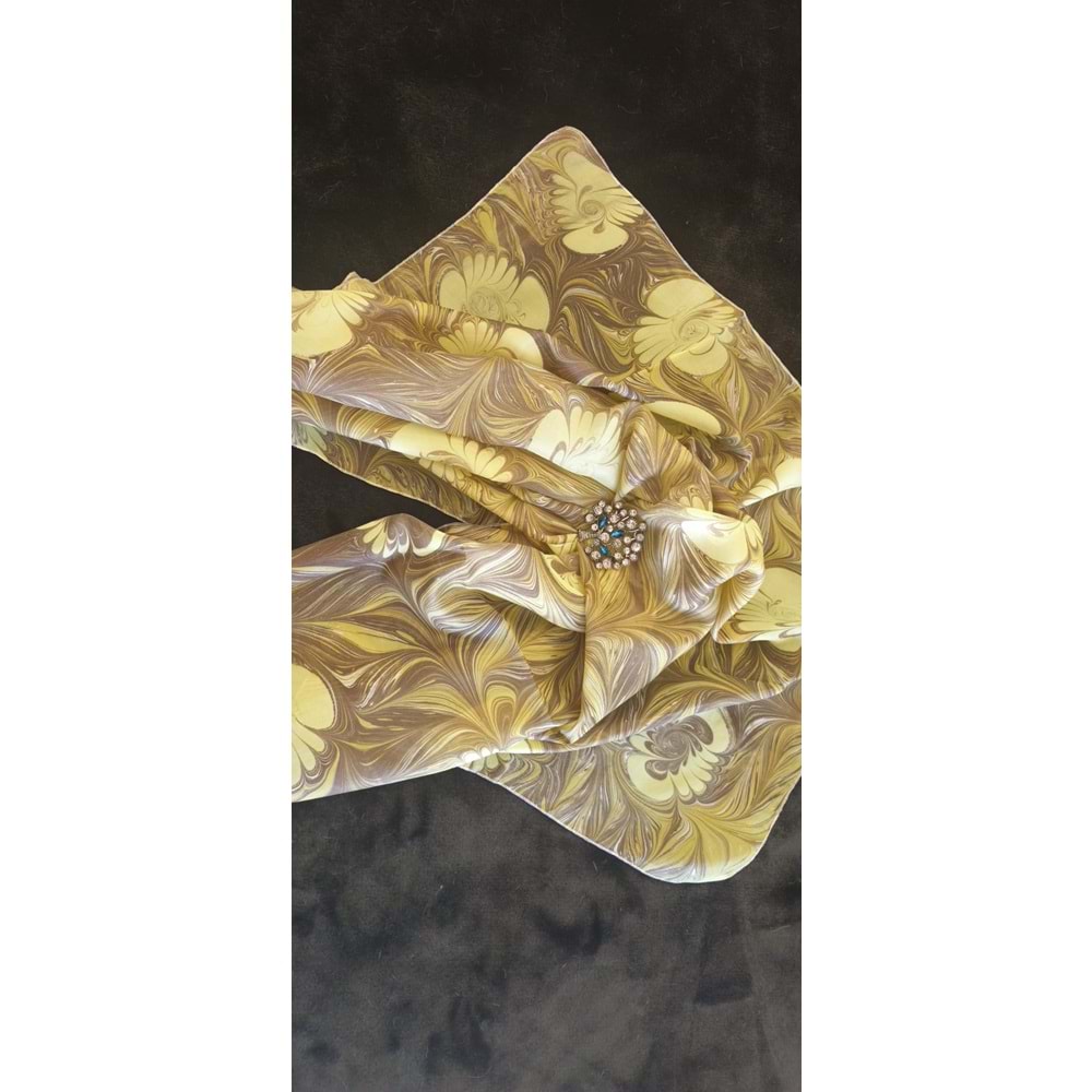 Kahverengi Üzerine Açık Yeşil Papatyalar Ebru İpek Fular Eşarp