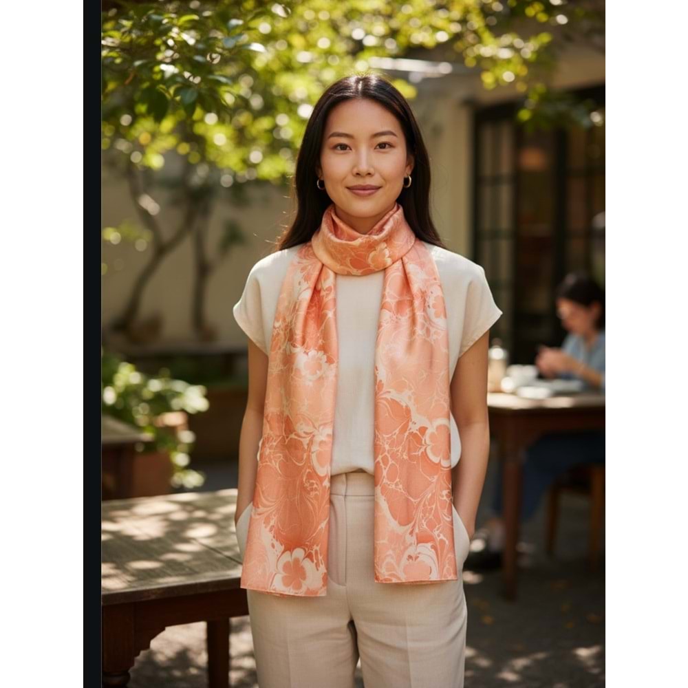 Somon Beyaz Papatyalı Ebru İpek Fular