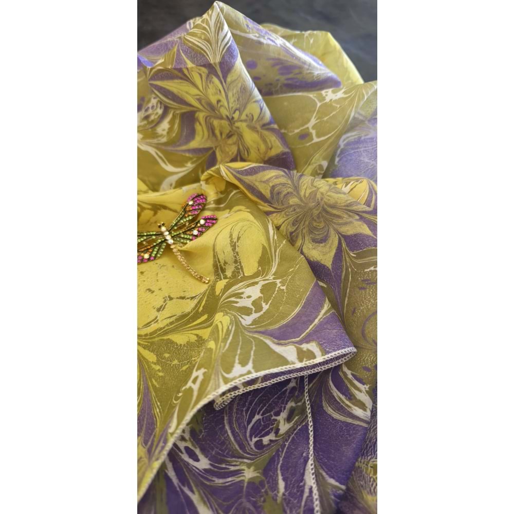 Yeşil Üzerine Mor Yıldız Çiçekli Ebru İpek Eşarp Fular