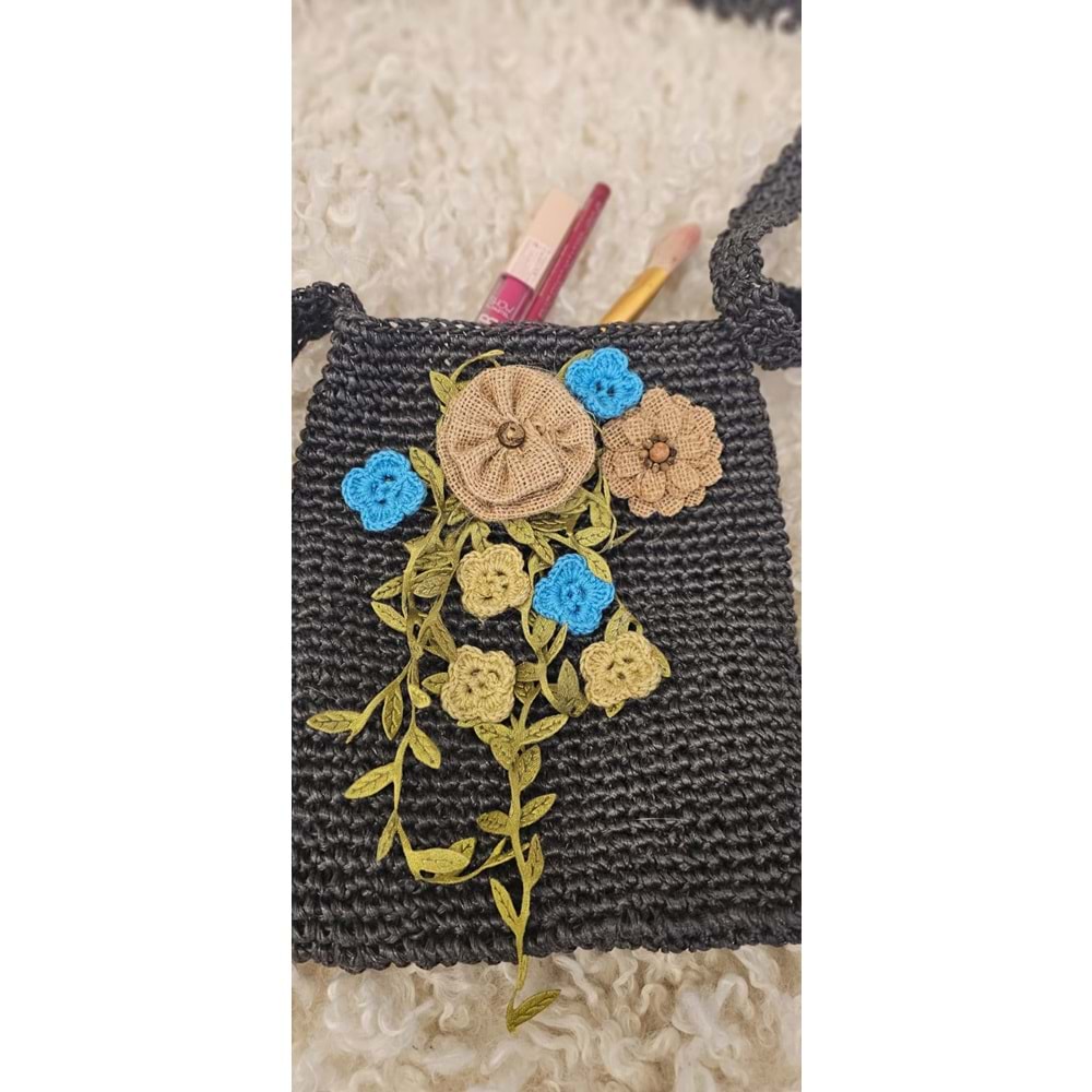Füme Örgüsü Hasır Çanta- Çiçek Detaylı Bohem Stil