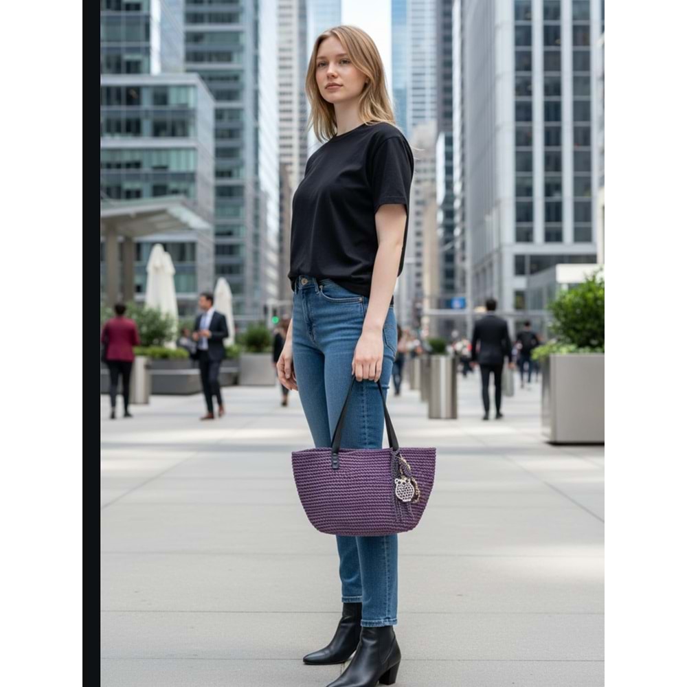 Mor Renkli Deri Saplı Baykuşlu Şık Çanta