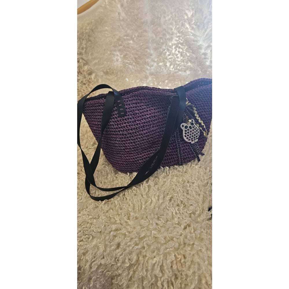 Mor Renkli Deri Saplı Baykuşlu Şık Çanta