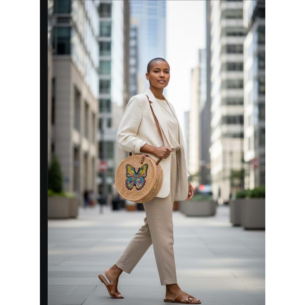 Kelebek Detaylı Bol Taş İşlemeli Çift Deri Saplı Yuvarlak Çanta