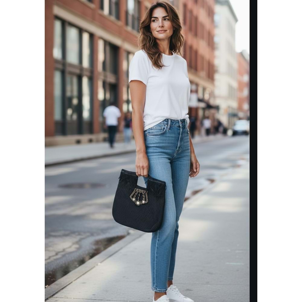 Siyah Kral Tacı Desenli Taşlı ve Tüylü Çanta