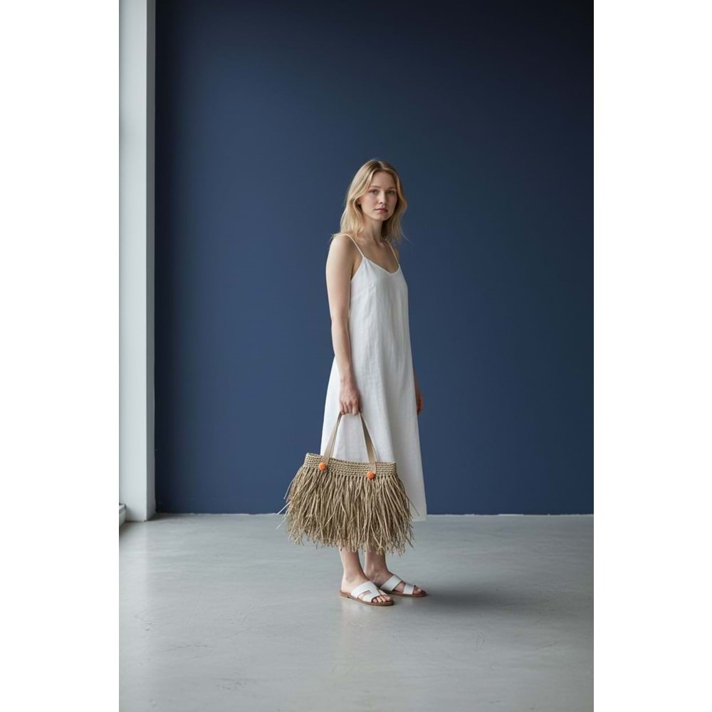 Kahverengi Püsküllü Yeişl Deri Süslemesi Olan Bohem Çanta