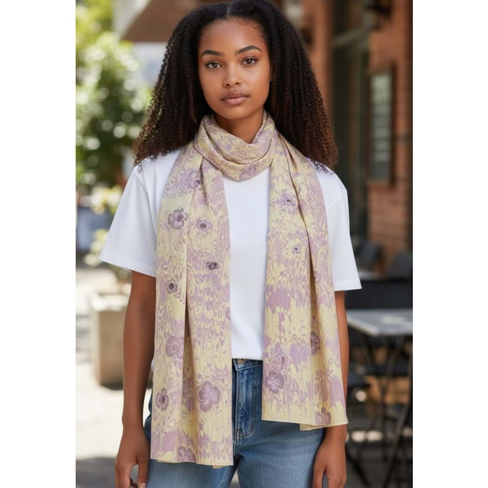 Sarı Üzerine Mor Menekşe Ebru İpek Fular