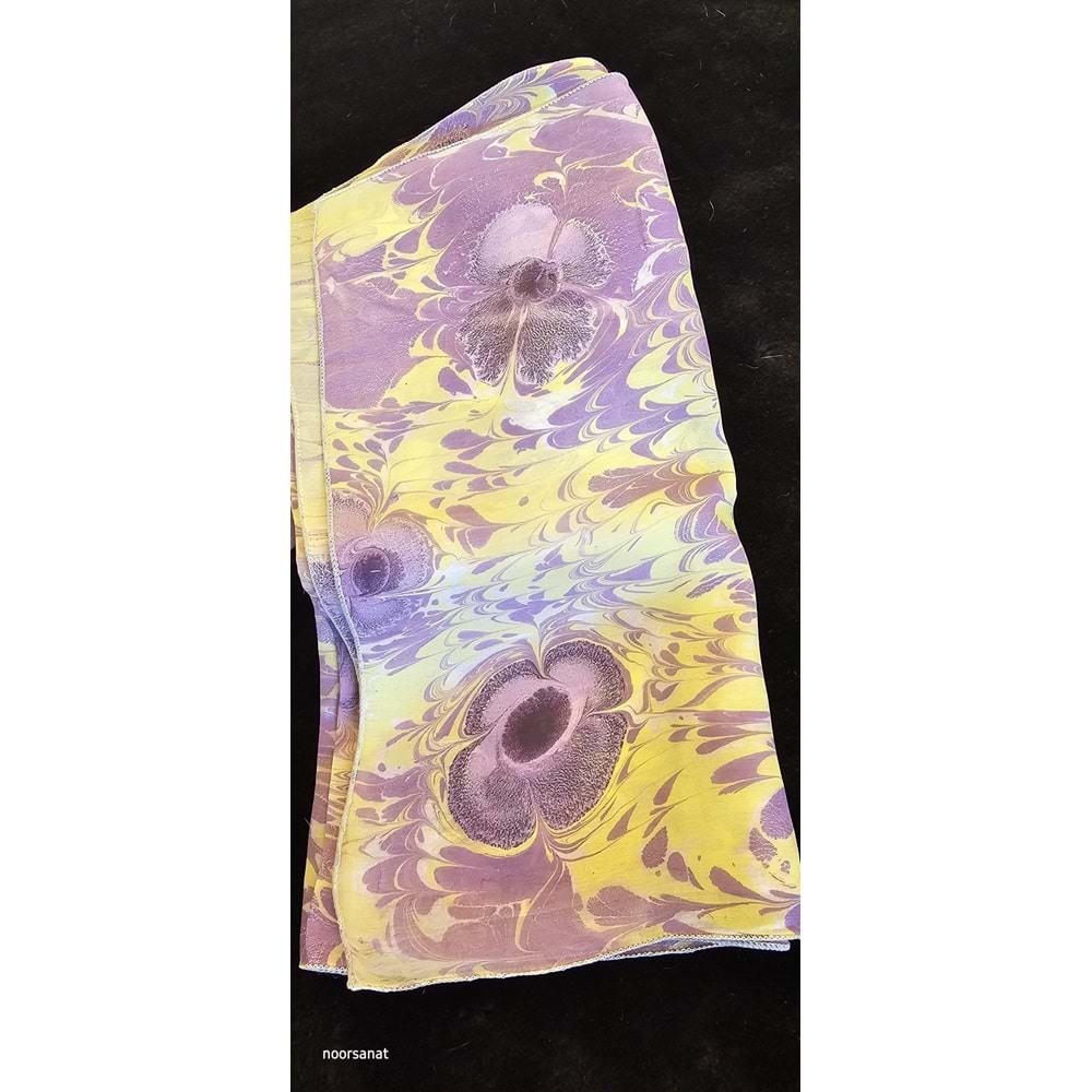 Sarı Üzerine Mor Menekşe Ebru İpek Fular