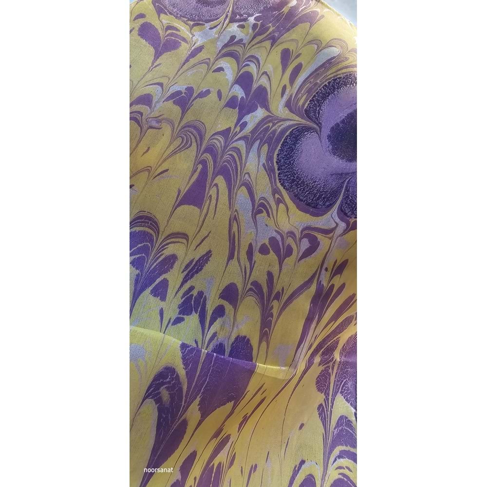 Sarı Üzerine Mor Menekşe Ebru İpek Fular