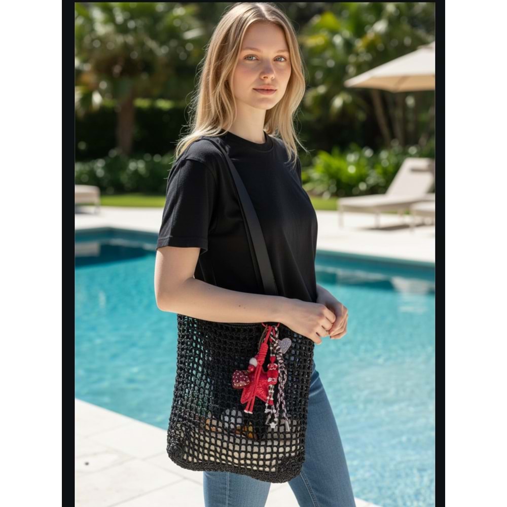 Çİft Deri Saplı Kırmızı Süslü Siyah File Çanta