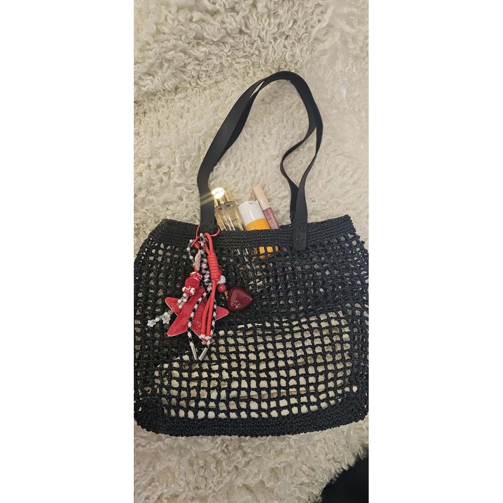 Çİft Deri Saplı Kırmızı Süslü Siyah File Çanta