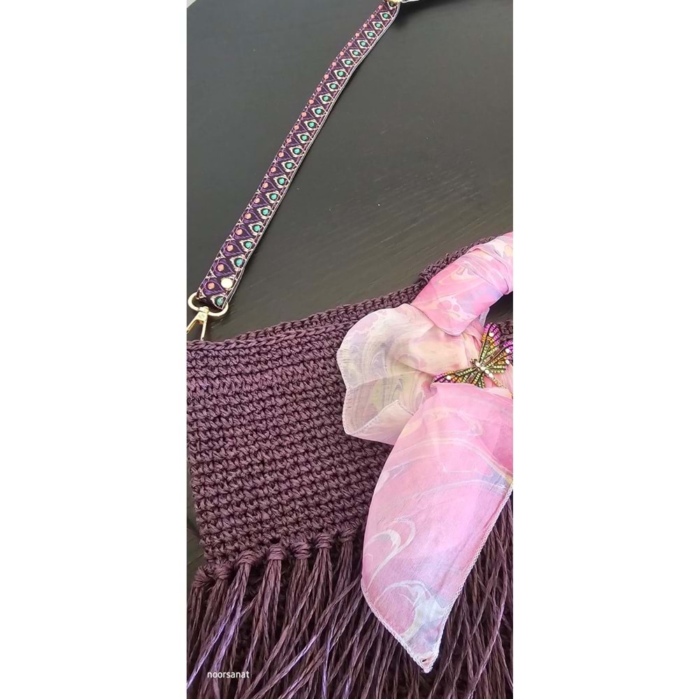İpek Fularlı Yusufcuk Broşlu Kağıt İp El Örgüsü Çanta