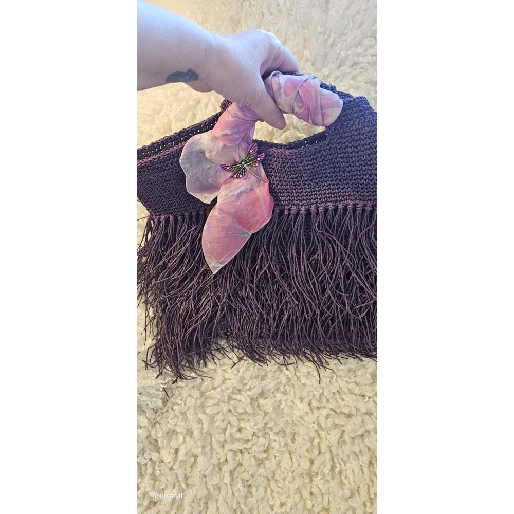 İpek Fularlı Yusufcuk Broşlu Kağıt İp El Örgüsü Çanta