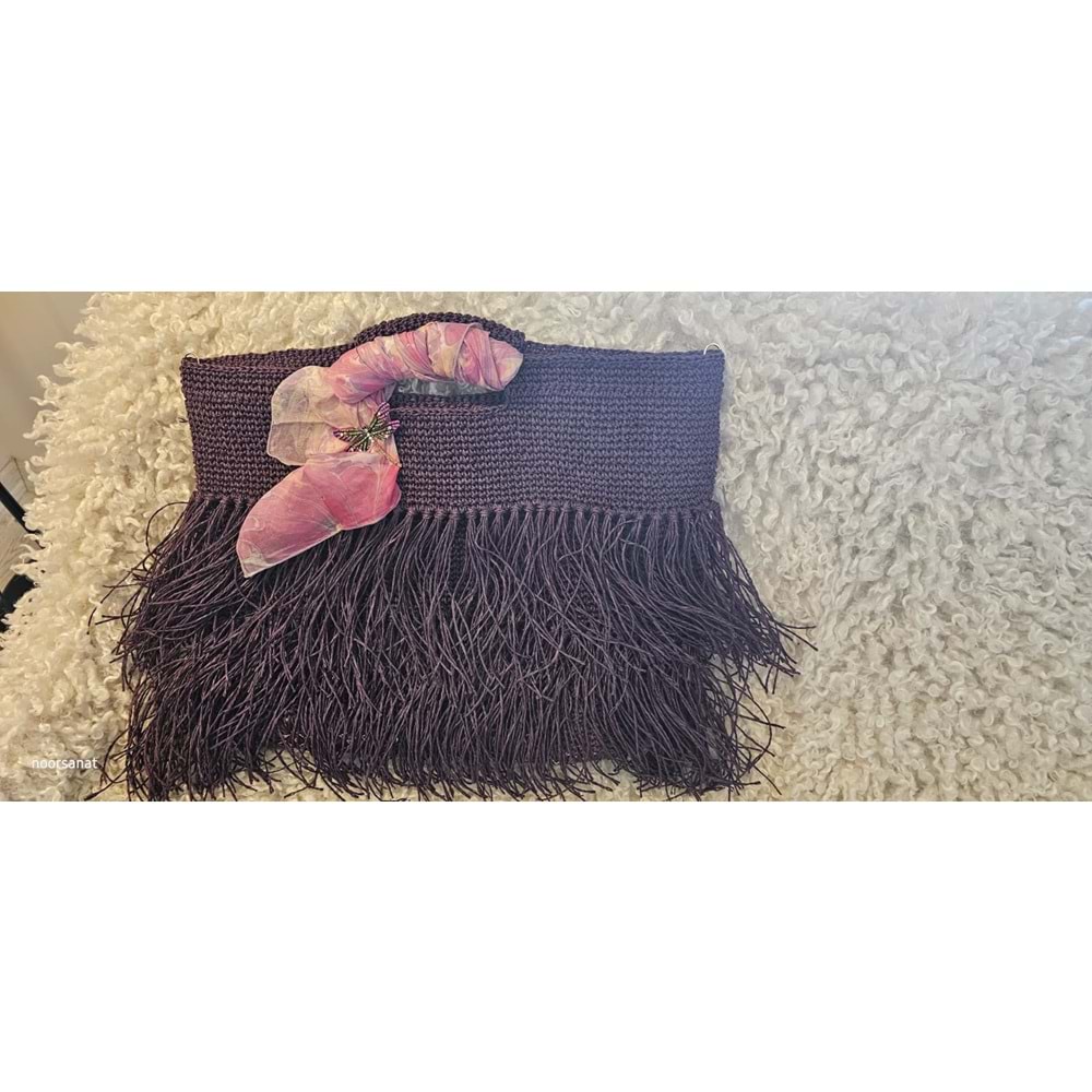 İpek Fularlı Yusufcuk Broşlu Kağıt İp El Örgüsü Çanta
