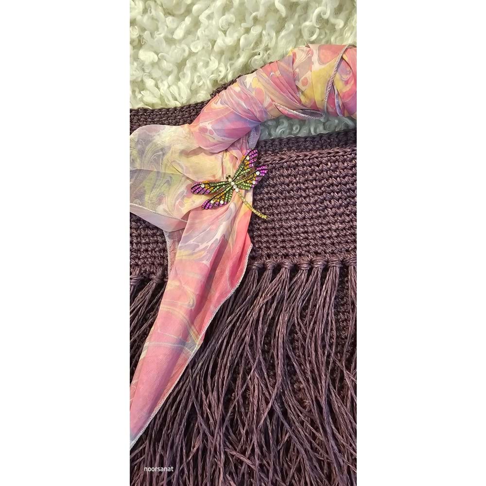 İpek Fularlı Yusufcuk Broşlu Kağıt İp El Örgüsü Çanta