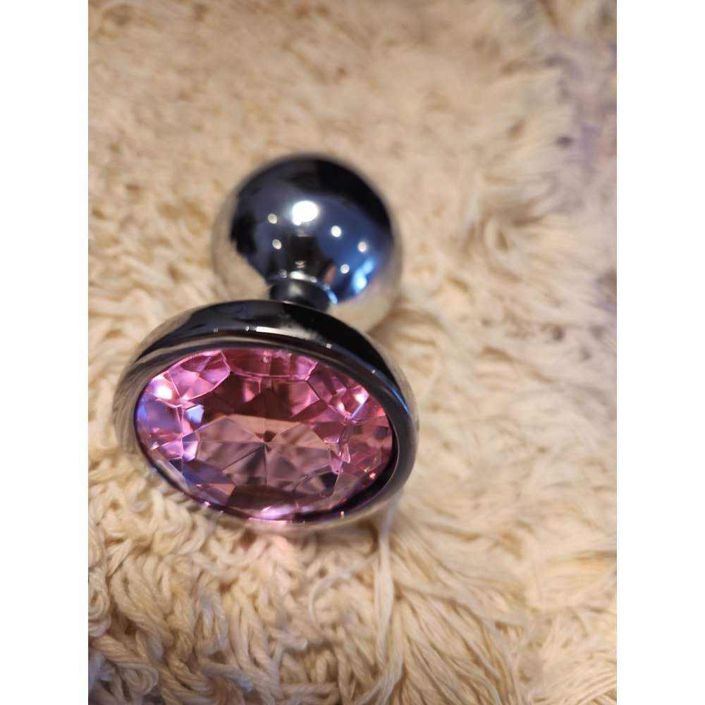 Metal Elmas Taşlı Anal Plug Pembe Büyük Boy
