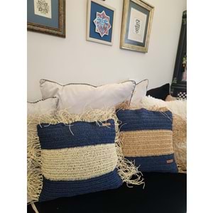 Çift Yön Örgü 40x40 cm Doğal Rafya Saçaklı El Yapımı Kırlent