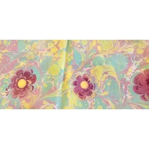 Turkuaz Üzerine Pembe Çiçek İşlemeli İpek Ebru Fular