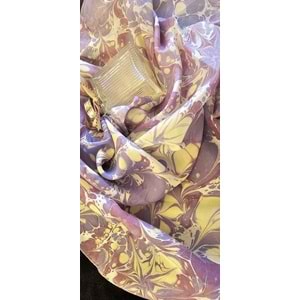 Mor Üzerine Krem Rengi Yıldız Çiçekleri Ebru İpek Eşarp Fular