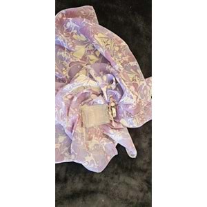 Mor Üzerine Krem Rengi Yıldız Çiçekleri Ebru İpek Eşarp Fular