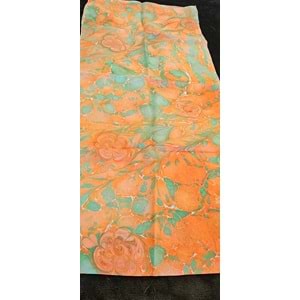 Yeşil üzerine Turuncu çiçekli İpek Ebru Fular