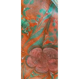Yeşil üzerine Turuncu çiçekli İpek Ebru Fular