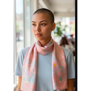 Pembe Turkuaz Renklerinde Ebru İpek Fular