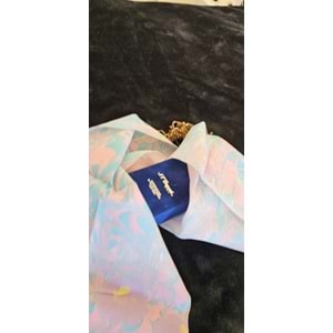 Pembe Turkuaz Renklerinde Ebru İpek Fular