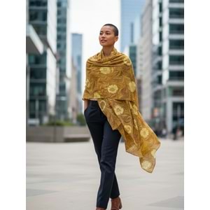 Kahverengi Üzerine Açık Yeşil Papatyalar Ebru İpek Fular Eşarp