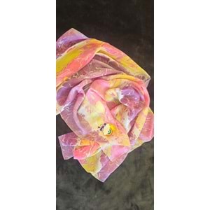 Pembe Mor Sarı Ebru İpek Eşarp
