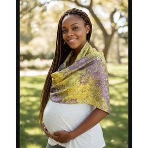 Yeşil Üzerine Mor Yıldız Çiçekli Ebru İpek Eşarp Fular